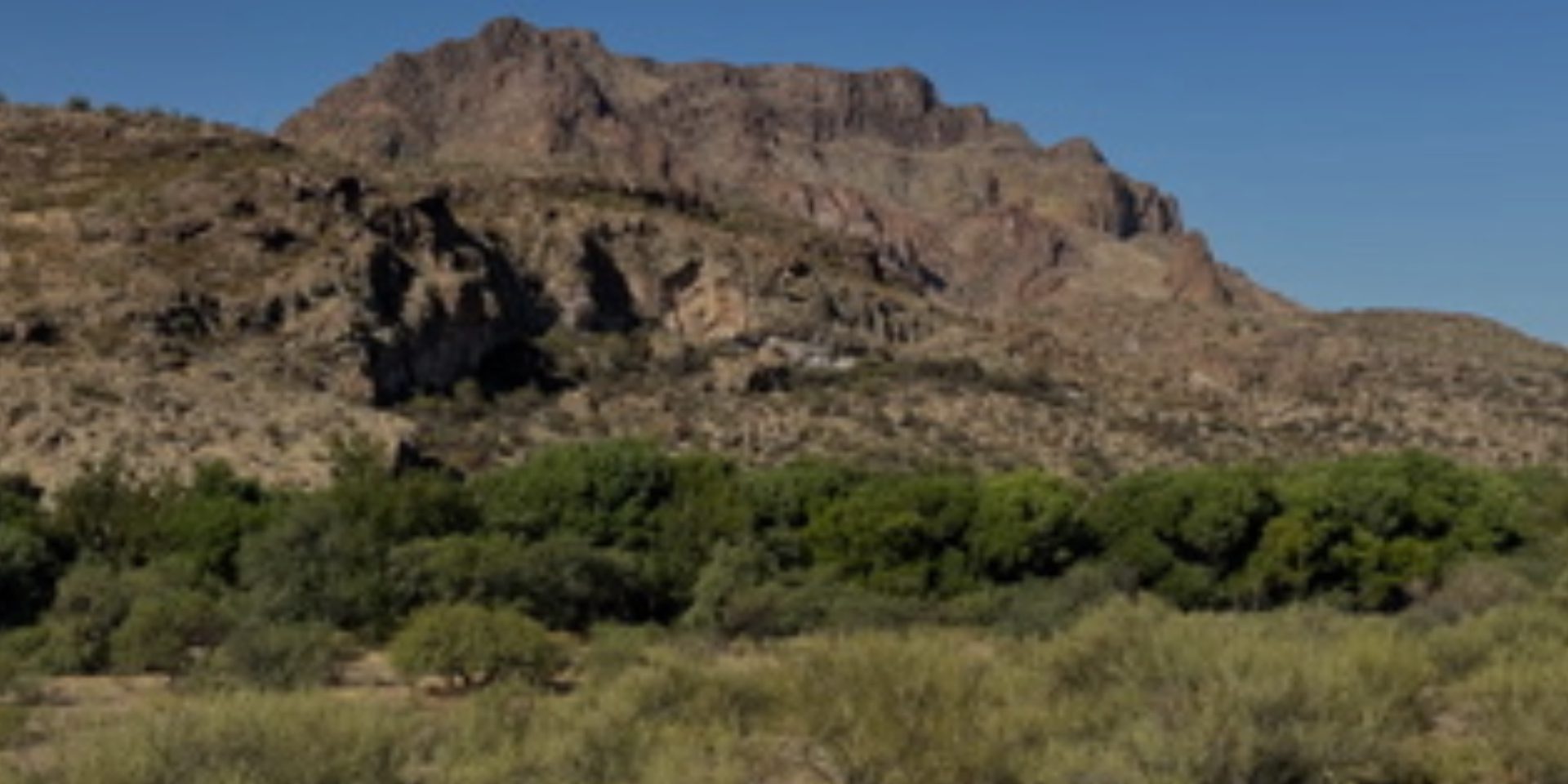 Rocky mountain rises above a landscape of shrubs and green trees under a clear blue sky.
